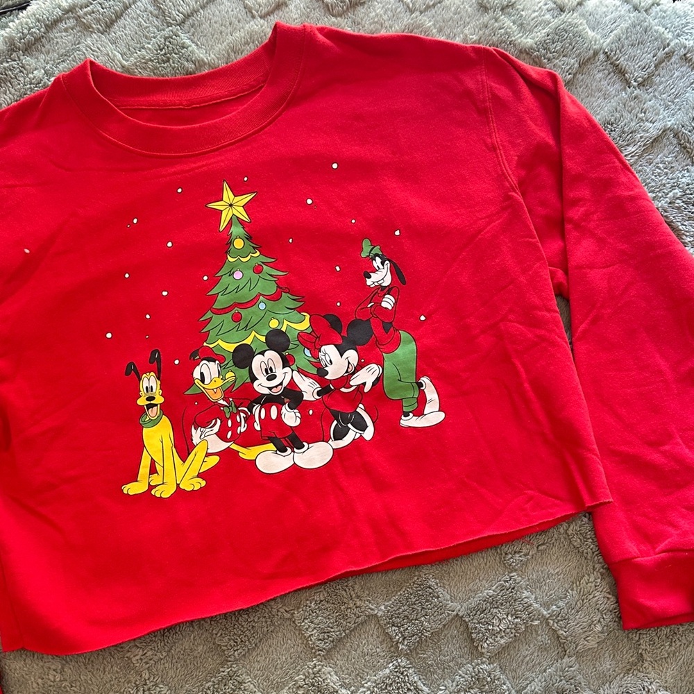 Disney Red Long Sleeve Crop Crewneck Sweater with Mickey and Friends